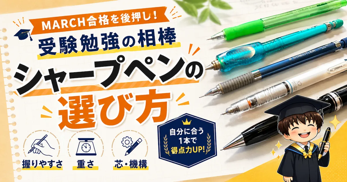 MARCH合格を目指す受験生向けにシャープペンシルの選び方を解説するアイキャッチ画像
